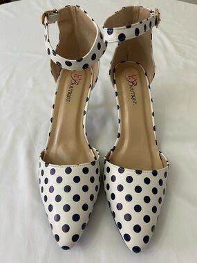 EY Boutique White and Navy Polka Dot Ankle-Strap Pointed Heels